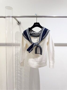 Dior White Knit Sweater with Navy Sailor Collar